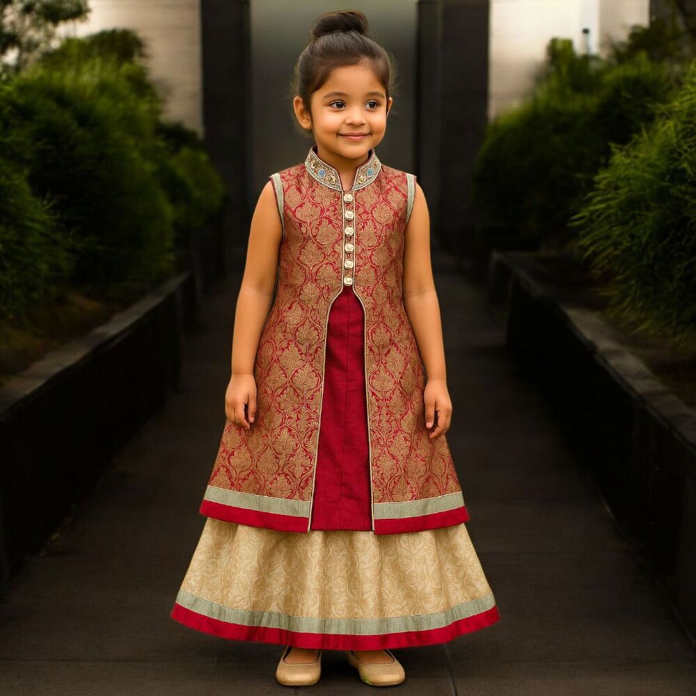 Girls Indian Lehenga Choli Set Sz 18 Gold Brocade Kurti Top Skirt Maroon Silver